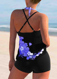 Floral Print Cross Strap Halter Tankini Set