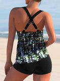 Brush Stroke Print Cross Strap Tankini Set