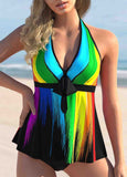 Printed Rainbow Color Bowknot Halter Tankini Set