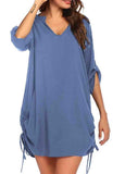 Chiffon Drawstring Solid  V Neckline Blouse