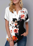 Split Neck Print Short Sleeve Blouse