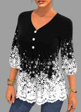 Snowflake Print Lace Patchwork V Neck Blouse