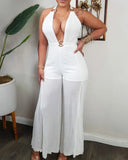 O-Ring Decor Halter Wide Leg Mesh Jumpsuit