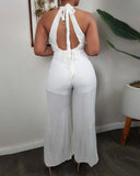 O-Ring Decor Halter Wide Leg Mesh Jumpsuit