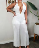 O-Ring Decor Halter Wide Leg Mesh Jumpsuit