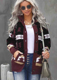 Retro Jacquard Pattern Buttoned Front Hooded Sweater