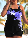 Plus Size Floral Printed Cross Strap Tankini Set