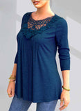 Faux Denim Lace Stitching Turndown Collar Blouse