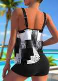 Geometric Print Wide Strap Black Tankini Top