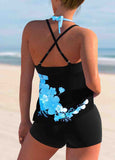 Floral Print Cross Strap Halter Tankini Set