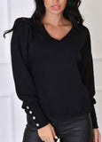 Solid V-Neck long sleeve button Top