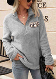 Zipper Plush Leopard Print Pullover Sweatshirt