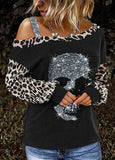 Leopard Skeleton Print  Off Shoulder Panel  Diamond T-Shirt