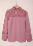 Ruffled Crewneck Lantern Sleeve Splicing Lace Blouse