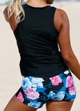 Flower Print Zipper Front Swimwear Top and Shorts - soofoom.com