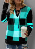 Patchwork Plaid Split Neck Long Sleeve Sweatshirt