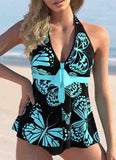 Printed Rainbow Color Bowknot Halter Tankini Set