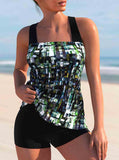 Brush Stroke Print Cross Strap Tankini Set