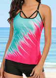 Print Contrast Backless Tankini Set