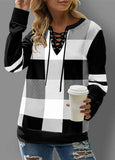 Patchwork Plaid Split Neck Long Sleeve Sweatshirt