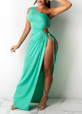 One Shoulder High Slit Drawstring Cutout Ribbed Maxi Dress - soofoom.com