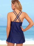 Mesh Stitching Striped Navy Blue Swimdress and Panty