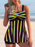 Rainbow Stripe Spaghetti Strap Cross Front Tankini Set