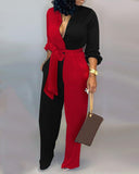 Colorblock Long Sleeve Knotted Jumpsuit