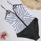 Stripe Splice color Strap V-Neck Sexy One-piece Swimsuits - soofoom.com