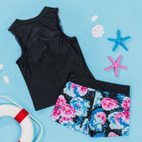 Flower Print Zipper Front Swimwear Top and Shorts - soofoom.com