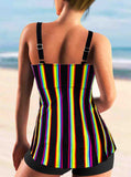 Rainbow Stripe Spaghetti Strap Cross Front Tankini Set