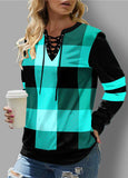 Patchwork Plaid Split Neck Long Sleeve Sweatshirt