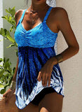 Print Splice color Strap V-Neck Vintage Plus Size Swimdresses Swimsuits - soofoom.com