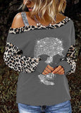 Leopard Skeleton Print  Off Shoulder Panel  Diamond T-Shirt