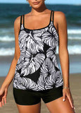 Spaghetti Strap Leaf Print Tankini Set