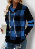 Drawstring Neck Contrast Long Sleeve Plaid Sweatshirt