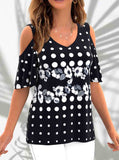 V Neck  Print Cold Shoulder T Shirt