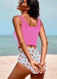 Printed Contrast Button Tankini Set