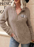 Zipper Plush Leopard Print Pullover Sweatshirt