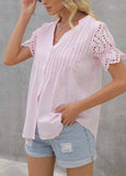 Pin Tuck Eyelet-Contrast Puff-Sleeve Button-Up Top