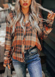 Plaid Pocket Button Long Sleeve Blouse