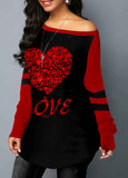 Red Plaid Skew Neck Long Sleeve T-shirt