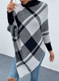 Asymmetric Hem Long Sleeve Plaid Sweater