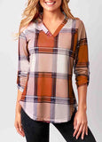 Plaid V Neck Orange 3/4 Sleeve T Shirt