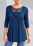 Faux Denim Lace Stitching Turndown Collar Blouse