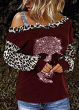 Leopard Skeleton Print  Off Shoulder Panel  Diamond T-Shirt