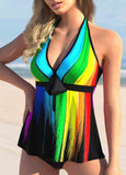 Printed Rainbow Color Bowknot Halter Tankini Set