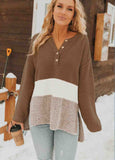 Brown Splicing Buttoned Knitted Sweater