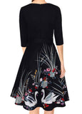 Belted Floral Print Round Neck Black Dress