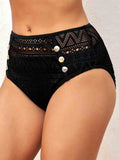 Black Hollow Out Decorative Button Bikini Bottom